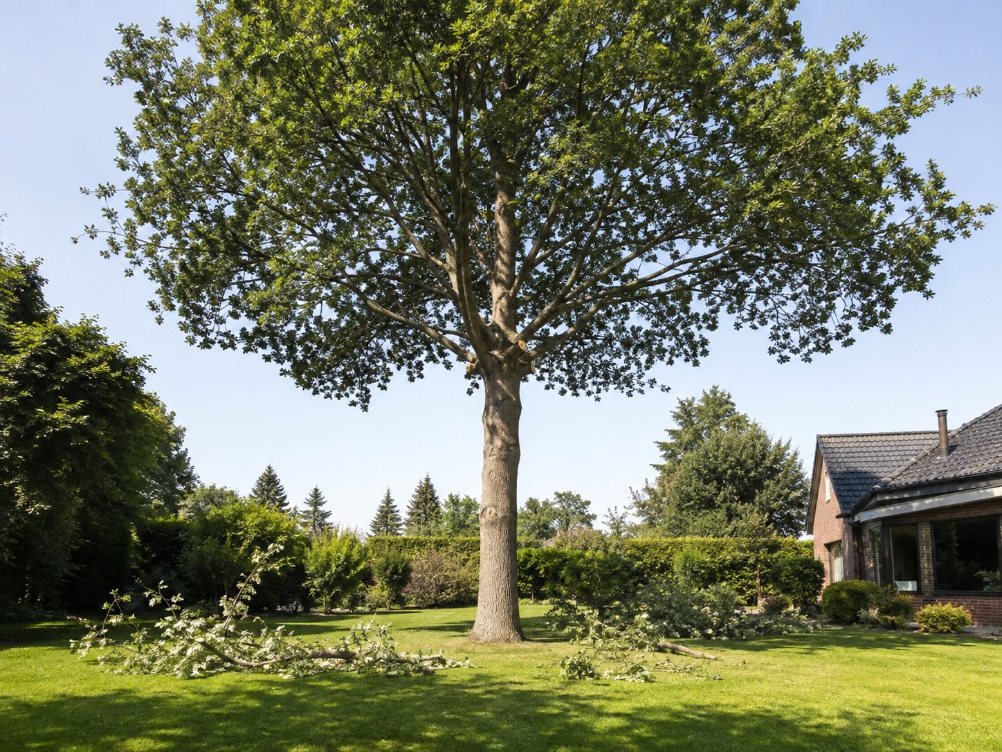 A mature garden tree with its lower branches lifted, canopy raised well clear of the lawn beneath it.