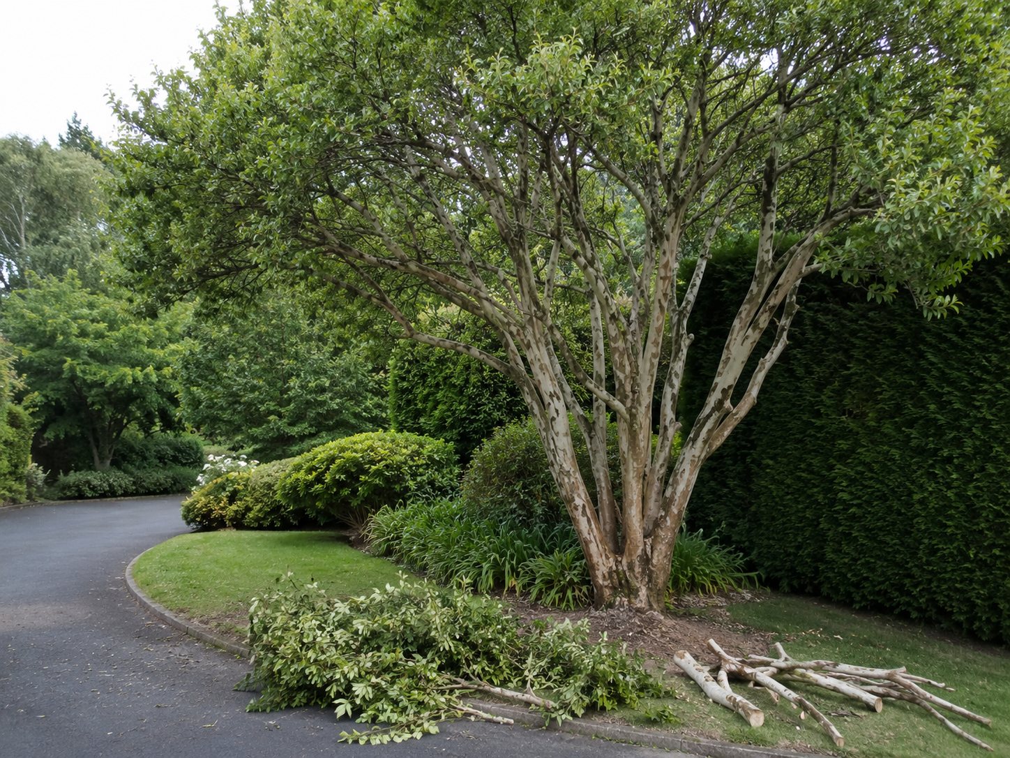 A multi-stemmed tree beside a driveway, freshly pruned with pale cut scars visible and brash cleared to one side.