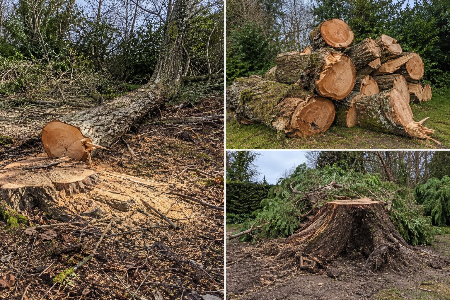 A felling job in progress: a tree brought down beside its stump, a stack of freshly cut logs, and a large stump cleared of debris.