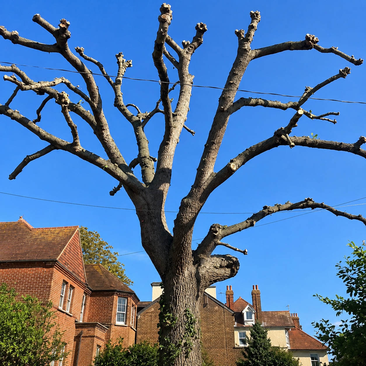 A mature tree freshly pollarded back to established knuckles beside residential properties.