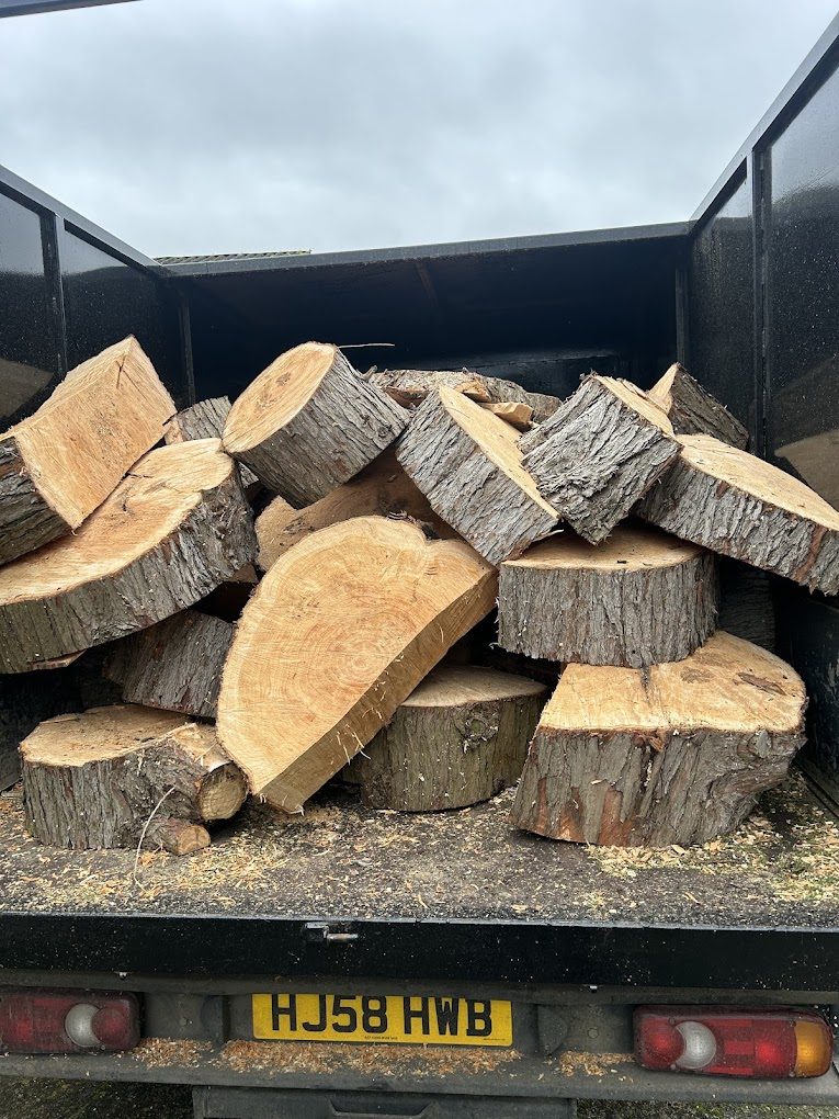 Cut logs loaded into the back of the works truck.