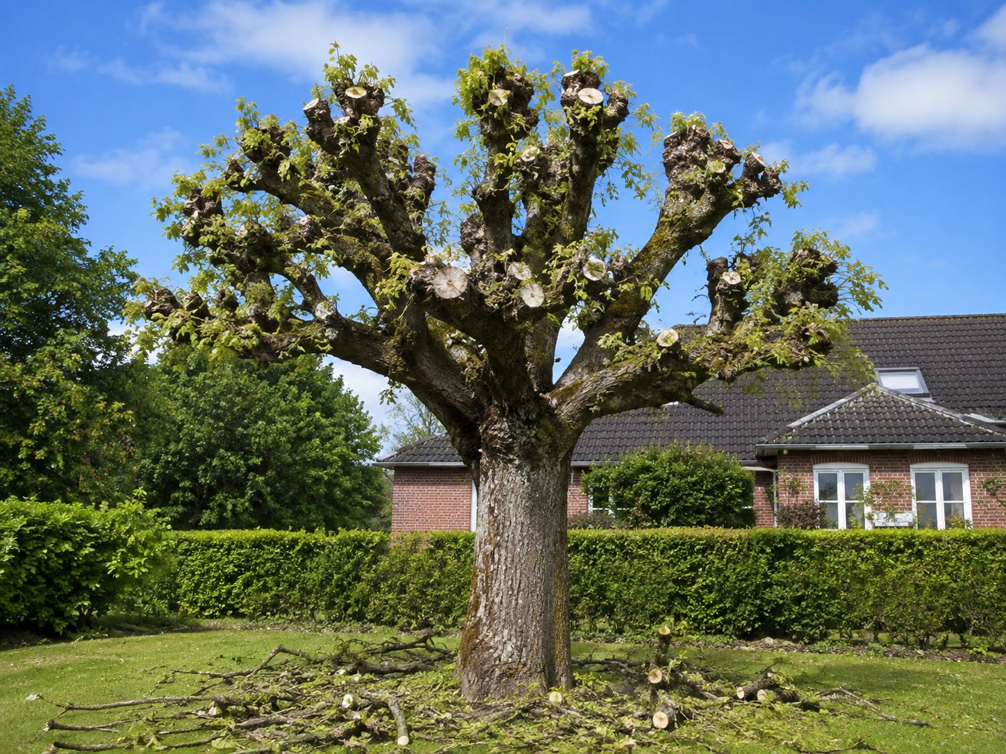 A mature pollarded tree with its distinctive knuckle shape, fresh spring growth coming through, in a garden setting.