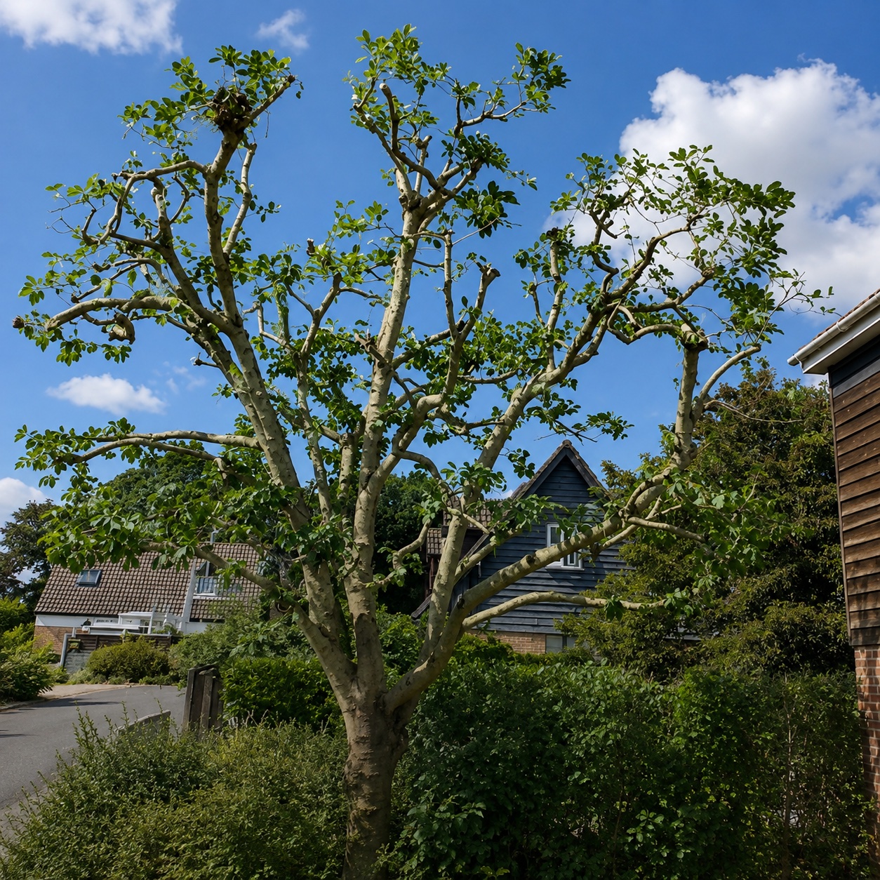 A pollarded garden tree developing fresh summer regrowth from its established pruning points.