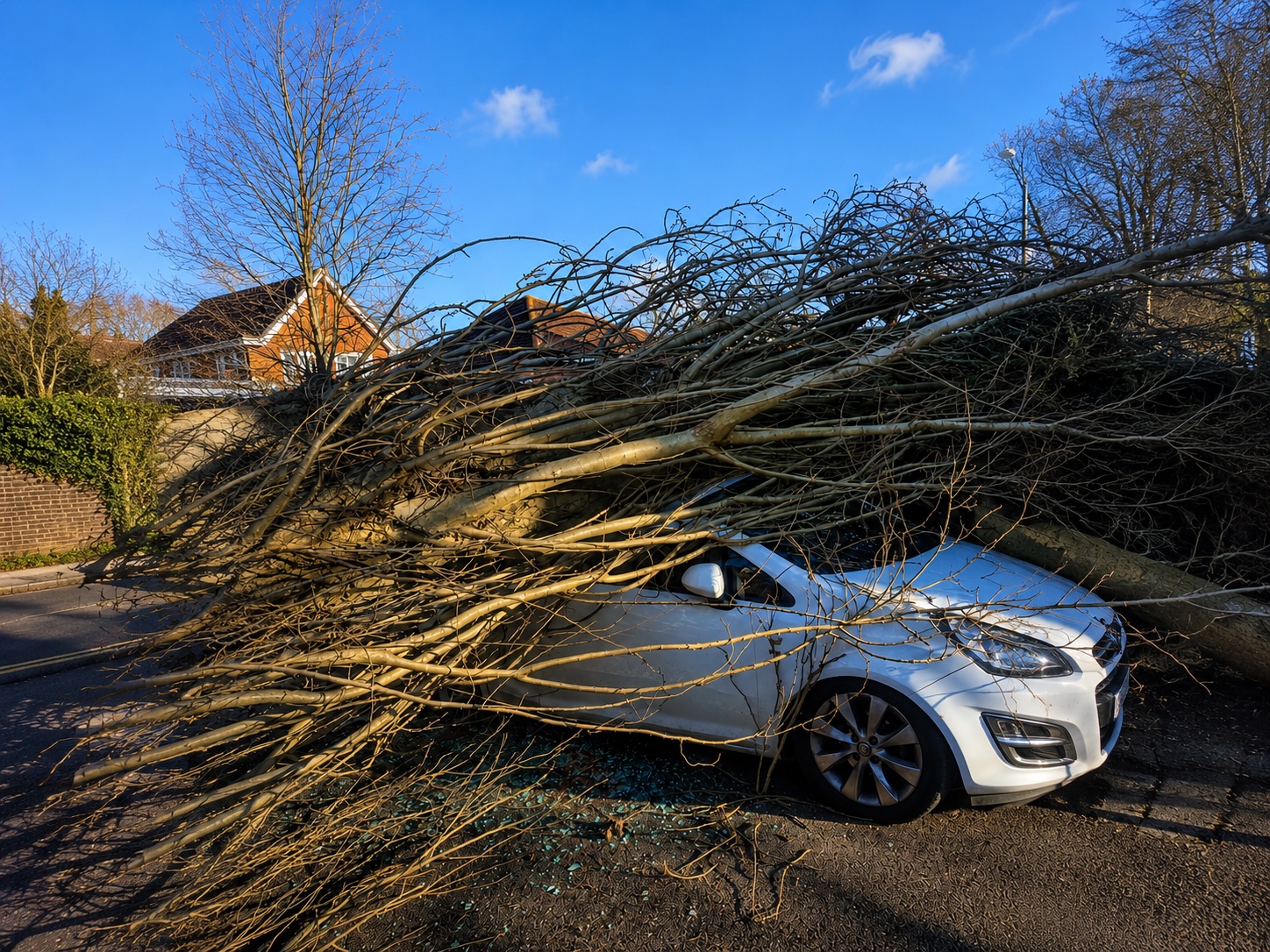 Storm-damaged tree fallen across a parked car in a residential street.