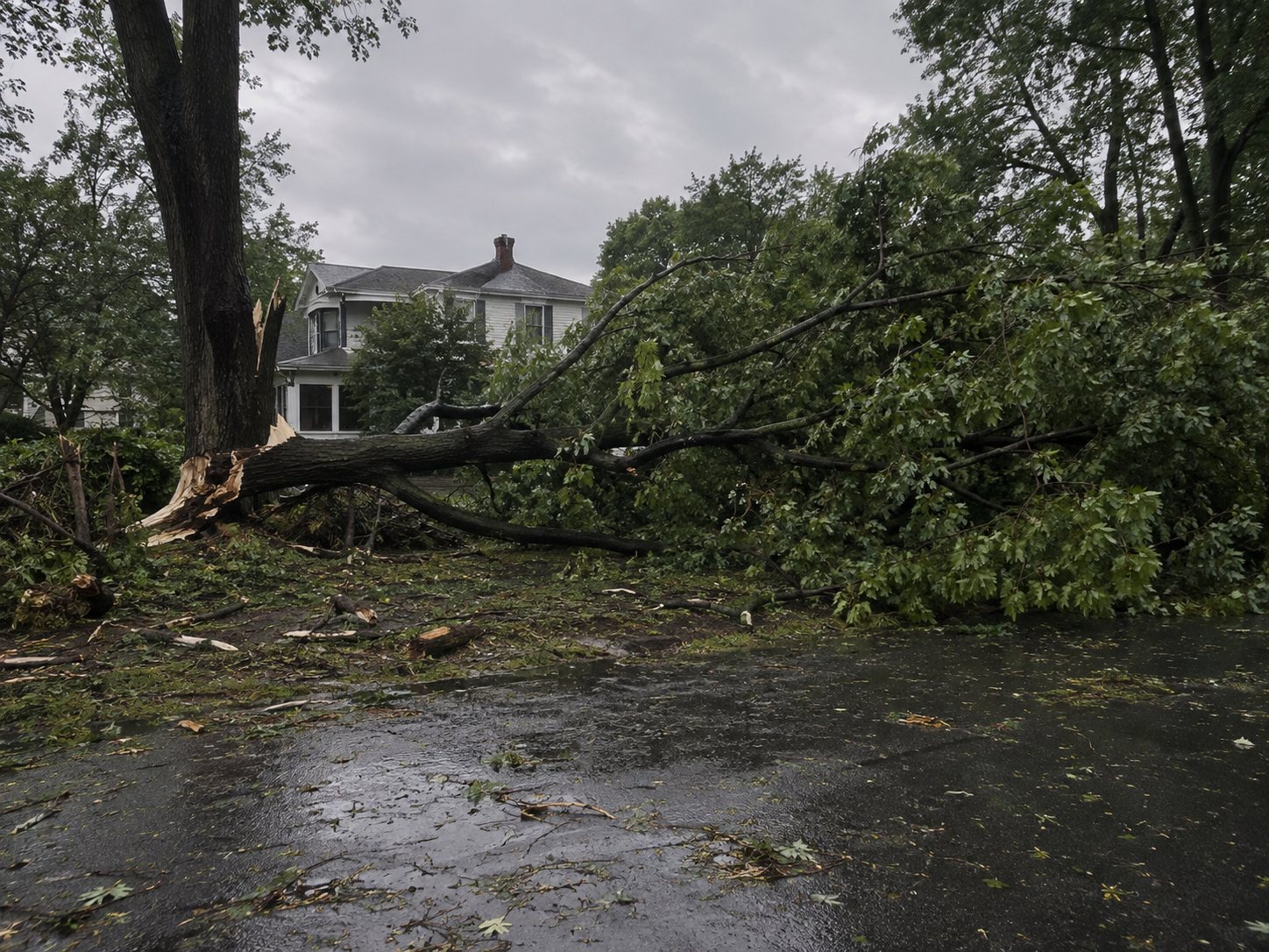 A large tree fallen across a driveway after a storm, blocking access to a house.