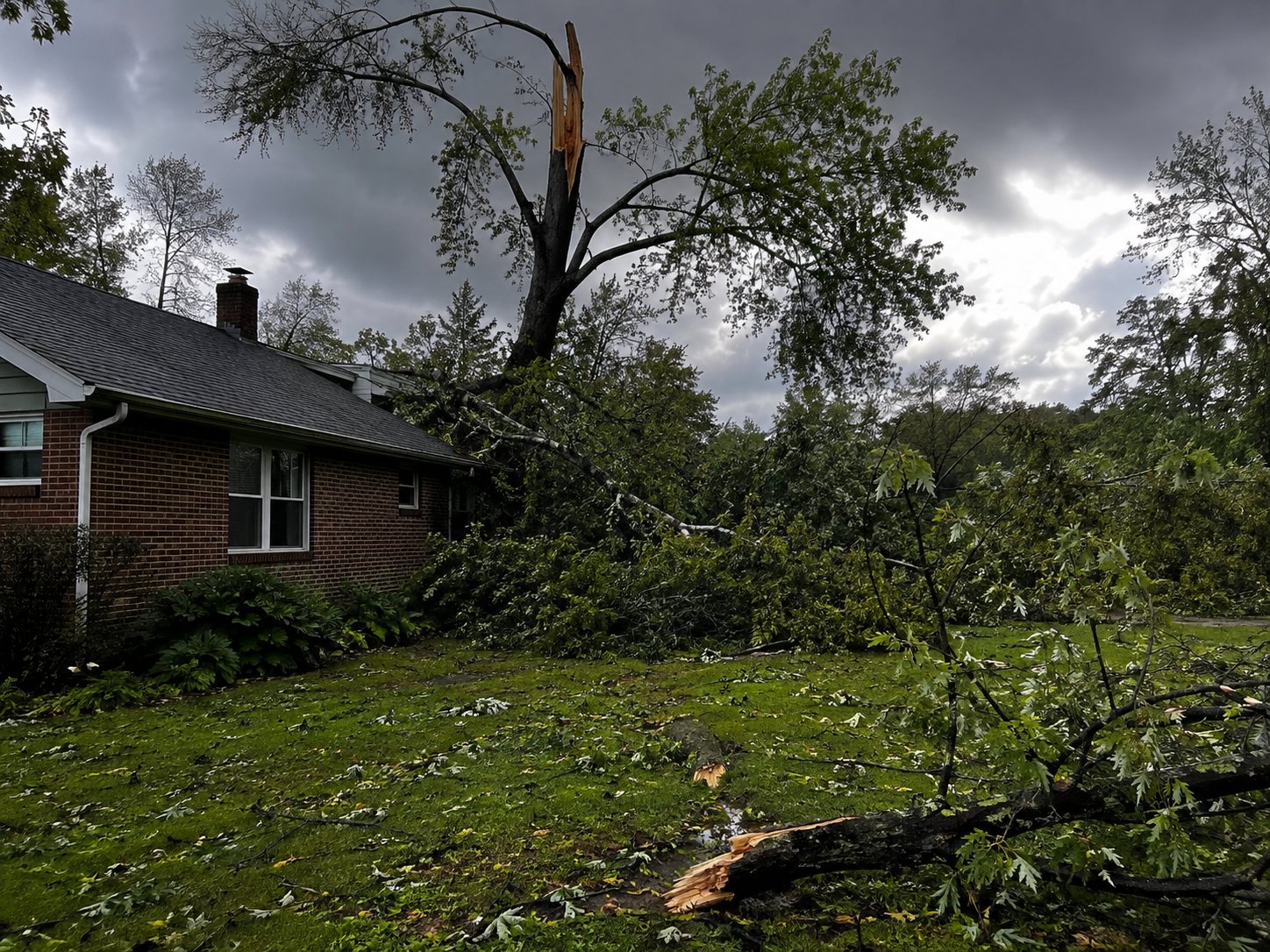 A large tree snapped by a storm, resting on the roof of a house after high winds.