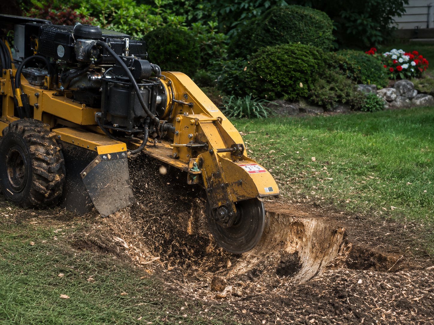 A stump grinder working close to flower beds and hedging in a residential garden.
