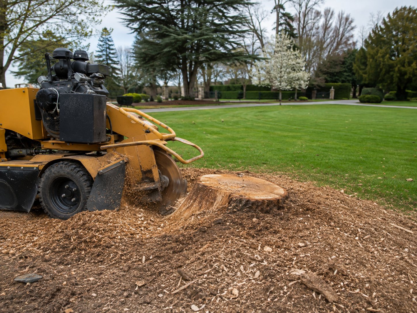 A stump grinder machine mid-job, grinding a large tree stump down to below ground level on open parkland.